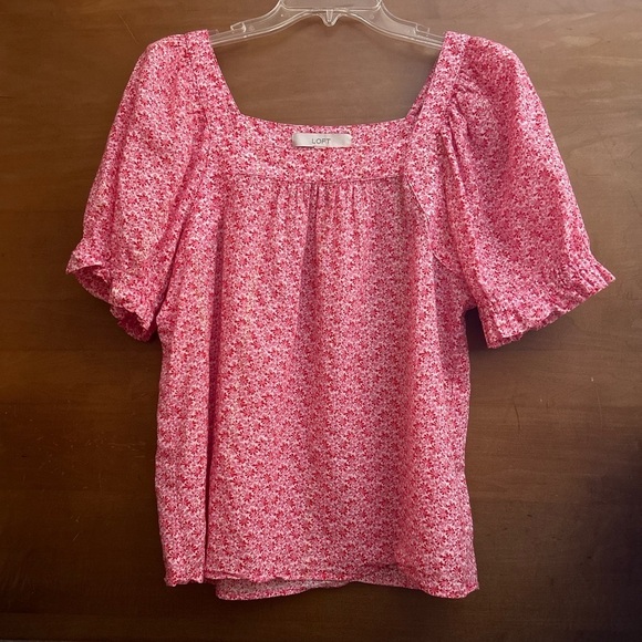 LOFT Pink Floral Shimmer Blouse Women’s Small Popover Top Puff Sleeve‎         J - Picture 3 of 13